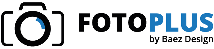Schwarzes Logo von FotoPlus by Baez Design – Fotofachgeschäft für Fotodrucke, Passbilder, Rahmenstudio und Digitalisierung in Alsbach-Hähnlein.