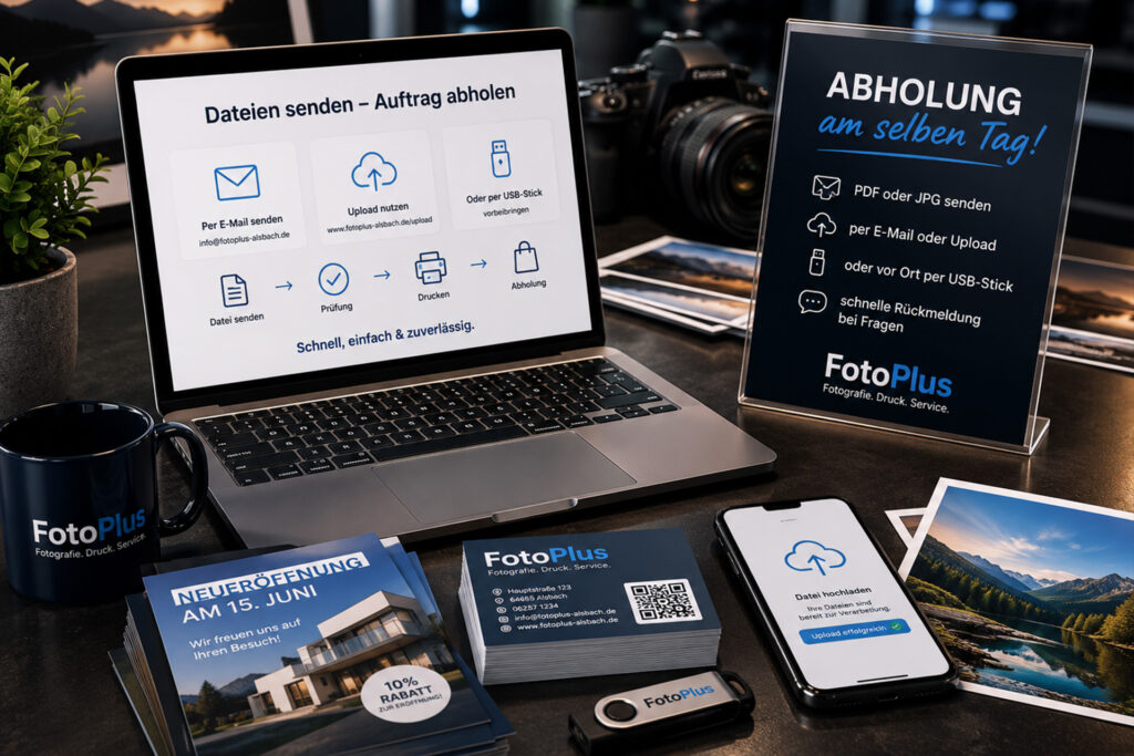 Schnelle Abholung von Druckaufträgen und Dateien am selben Tag bei FotoPlus in Alsbach.