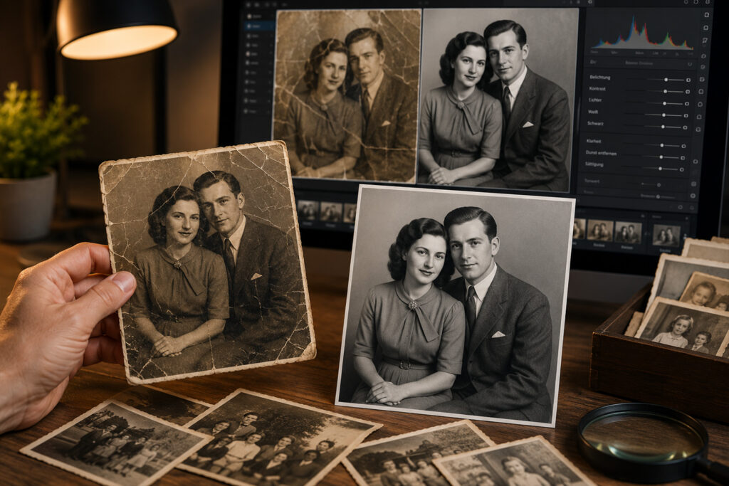 Professionelle Restaurierung alter und beschädigter Fotos bei FotoPlus in Alsbach.
