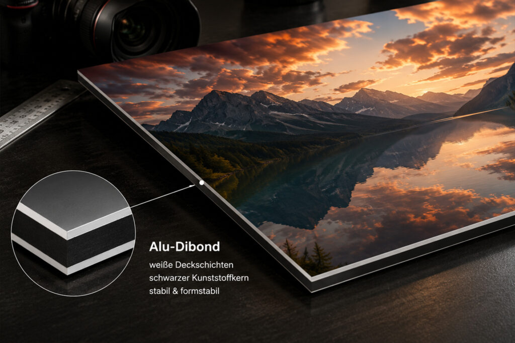 Detailaufnahme eines hochwertigen Alu-Dibond Wandbildes mit sichtbarem schwarzem Kunststoffkern und weißen Aluminium-Deckschichten bei FotoPlus Alsbach.