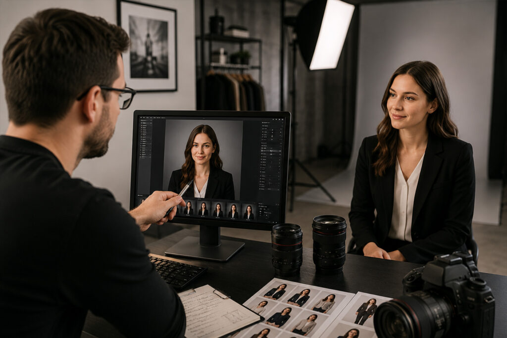 Beratung für professionelle Bewerbungsfotos und Business Portraits im Fotostudio von FotoPlus in Alsbach.
