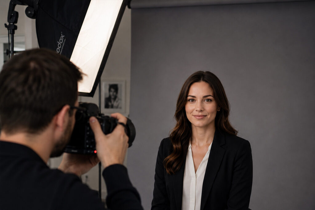 Professionelles Bewerbungsfoto im Fotostudio von FotoPlus in Alsbach mit Business Portrait und Studiobeleuchtung.