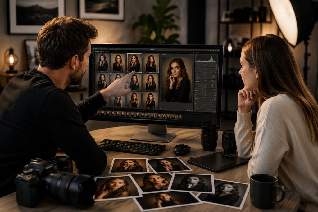 Professionelle Bildauswahl und Bildbearbeitung im Fotostudio von FotoPlus in Alsbach.