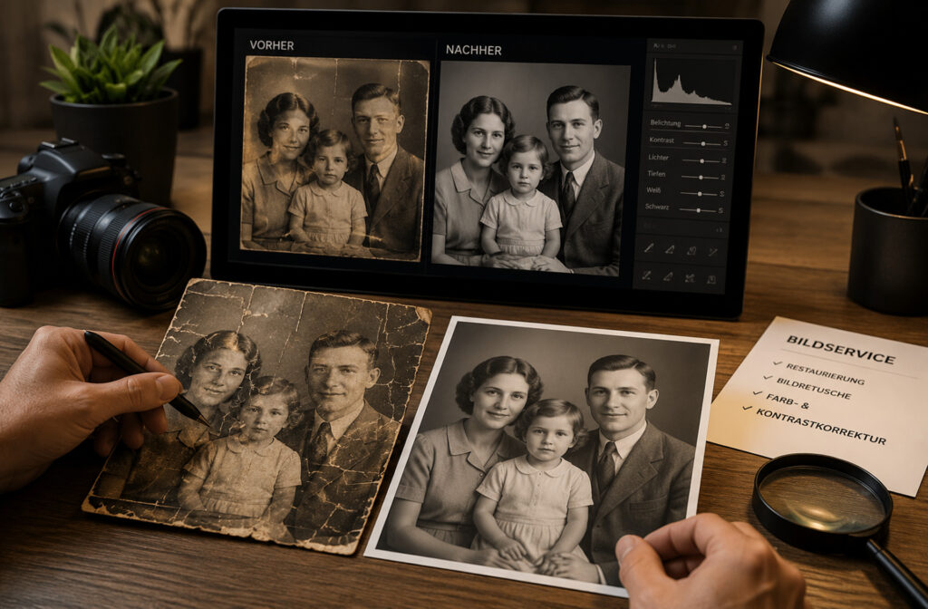 Professioneller Bildservice bei FotoPlus Alsbach mit Bildretusche, Farbkorrektur und Restaurierung alter Fotos.