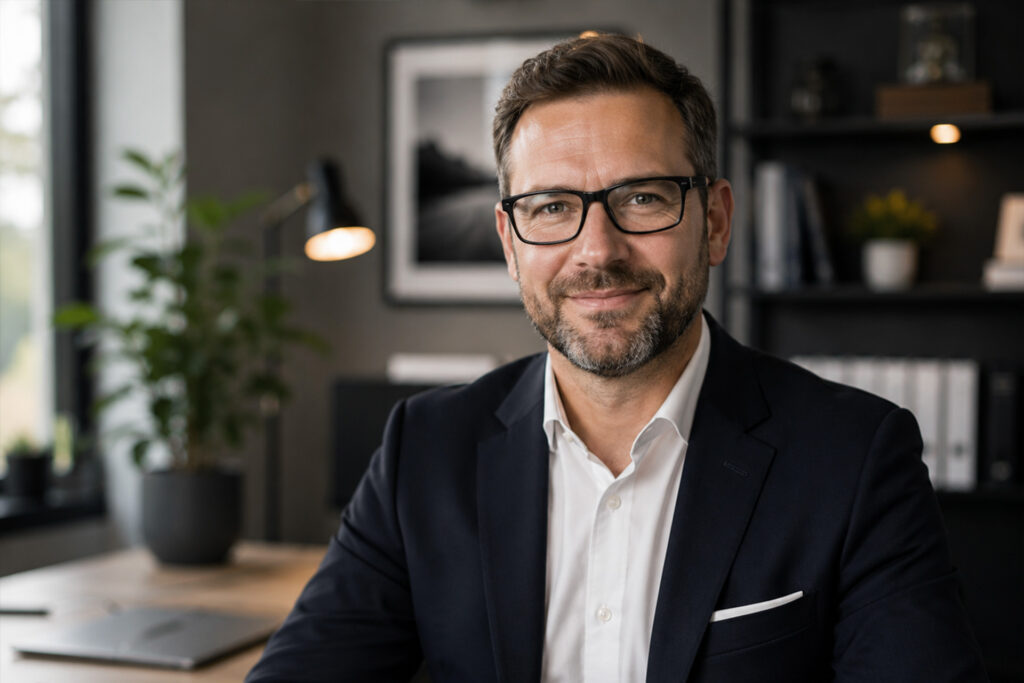 Professionelles Businessportrait eines Unternehmers im modernen Büro für Website, LinkedIn und Unternehmensauftritt.