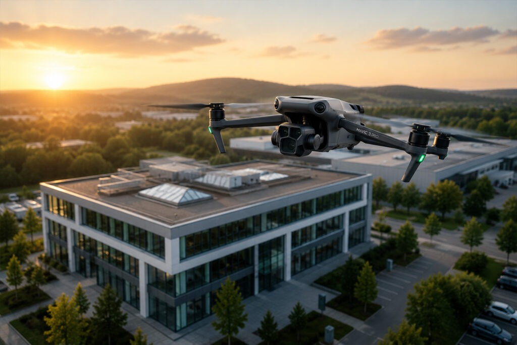 Moderne Drohnenaufnahme eines Firmengebäudes mit professioneller Luftbildfotografie in Alsbach.