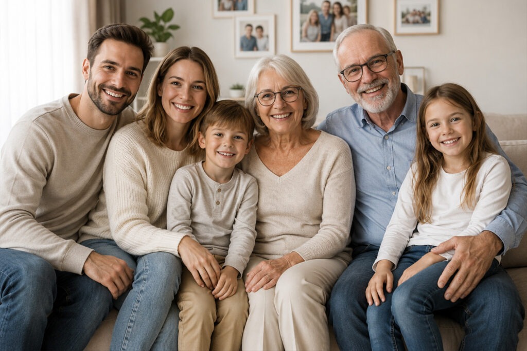 Professionelles Familienfoto mit mehreren Generationen im Fotostudio von FotoPlus Alsbach.