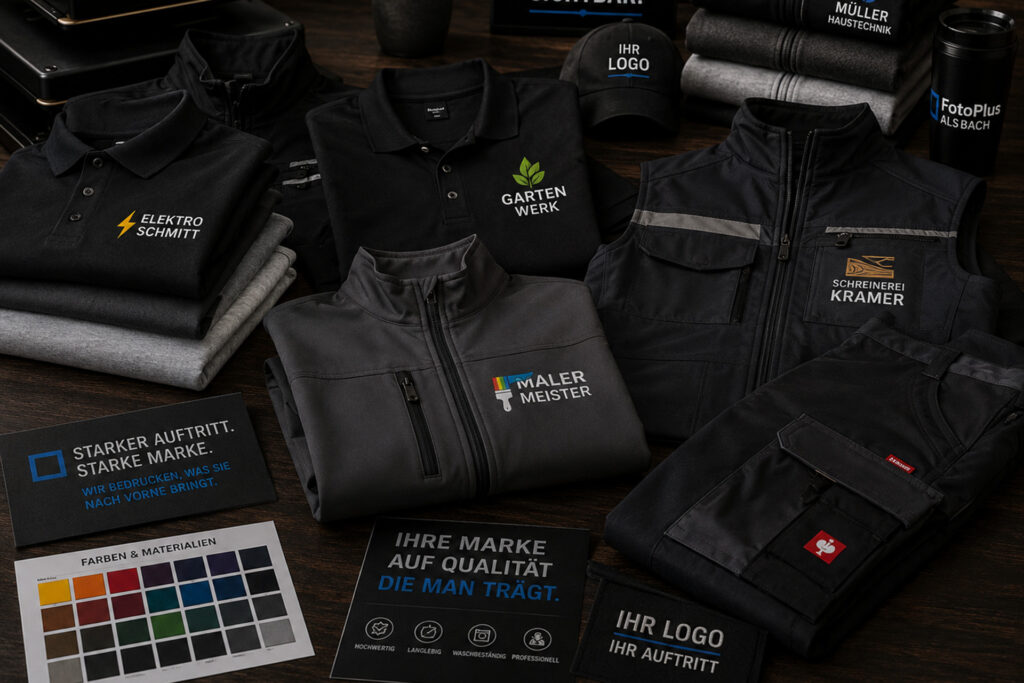 Bedruckte Firmenkleidung, Arbeitskleidung, Poloshirts und Jacken mit Firmenlogo bei FotoPlus Alsbach.