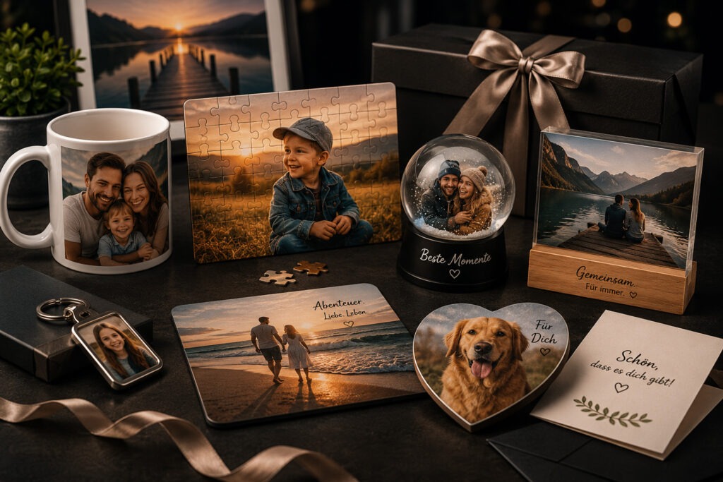 Individuelle Fotogeschenke mit eigenen Bildern wie Fototassen, Fotopuzzle, Schlüsselanhänger und persönliche Geschenkideen bei FotoPlus Alsbach.