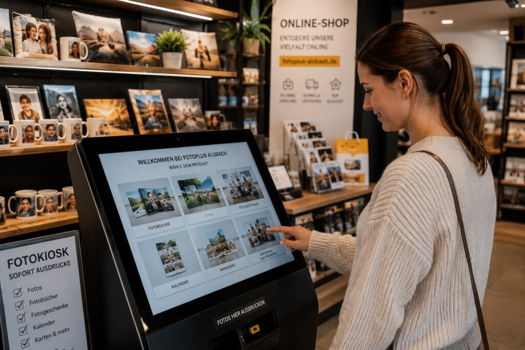 Kundin nutzt den Fotokiosk von FotoPlus Alsbach zum Erstellen von Fotobüchern, Fotodrucken und Fotogeschenken.