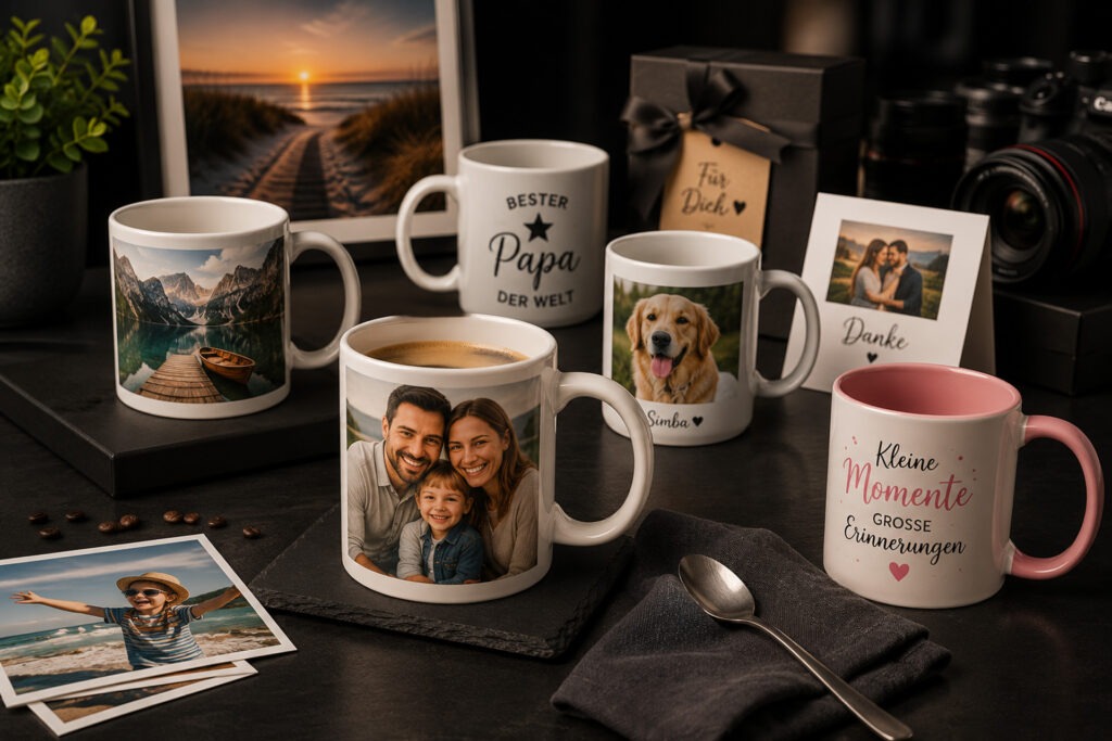 Personalisierte Fototassen mit Familienfotos, Namen, Sprüchen und individuellen Motiven bei FotoPlus Alsbach.