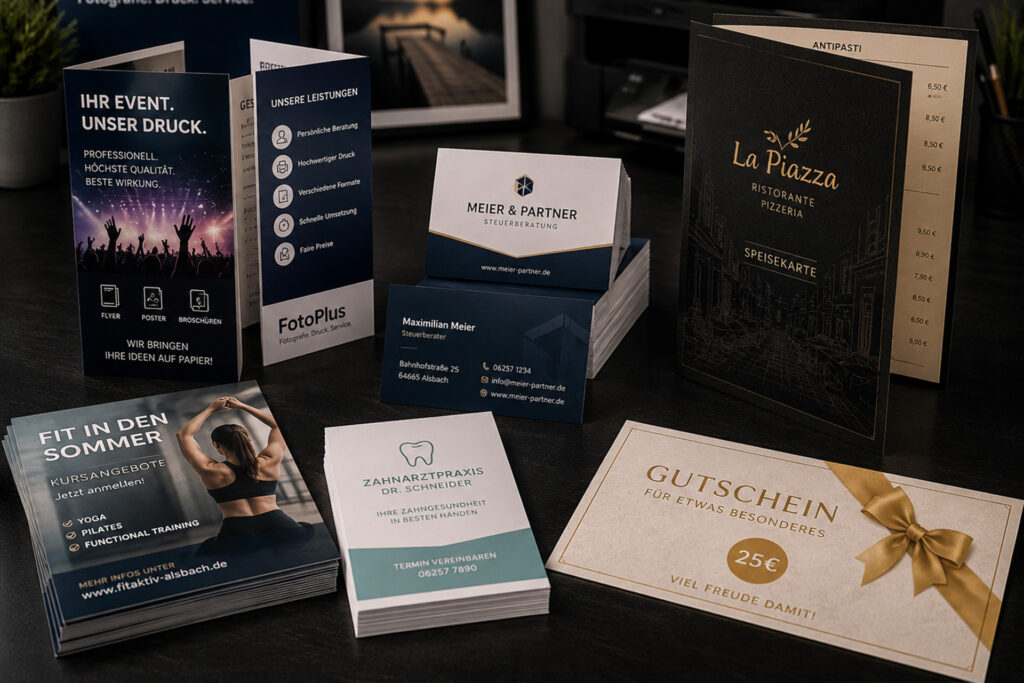 Hochwertige Geschäftsdrucksachen wie Flyer, Visitenkarten, Speisekarten und Gutscheine bei FotoPlus in Alsbach.