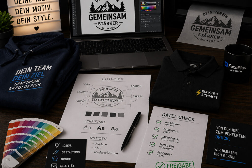 Professionelle Gestaltung von Logos, Druckdaten, Layouts und Druckvorlagen für Textildruck und Werbemittel bei FotoPlus Alsbach.