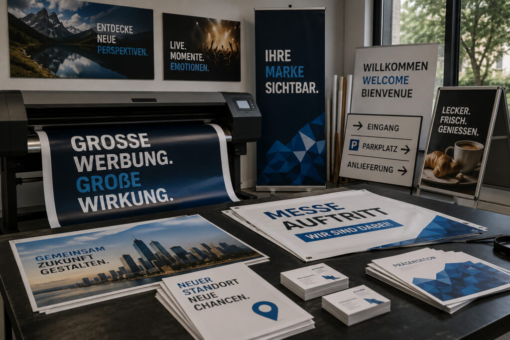 Professioneller Großformatdruck für Banner, Poster, Schilder und Messegrafiken bei Baez Design in Alsbach.