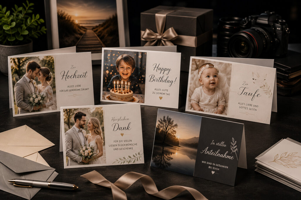 Individuelle Grußkarten mit eigenen Fotos für Hochzeit, Geburtstag, Taufe, Danksagung und Trauerkarten bei FotoPlus Alsbach.