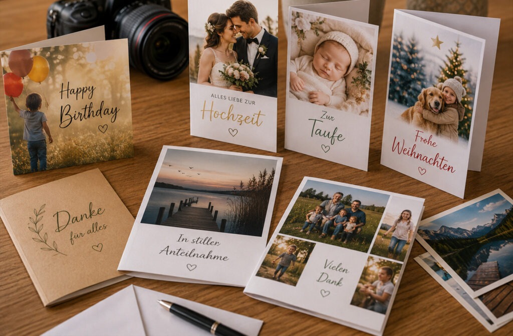 Personalisierte Grußkarten mit eigenen Fotos für Geburtstag, Hochzeit und Weihnachten bei FotoPlus Alsbach.