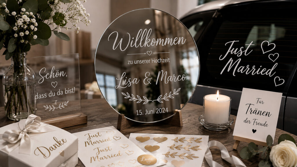 Individuelle Hochzeitsaufkleber für Spiegel, Autos, Gastgeschenke und Hochzeitsdekoration von FotoPlus & Baez Design in Alsbach