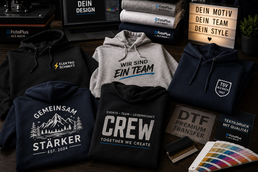 Individuell bedruckte Hoodies und Sweatshirts für Firmen, Vereine, Teams und Gruppen bei FotoPlus Alsbach.