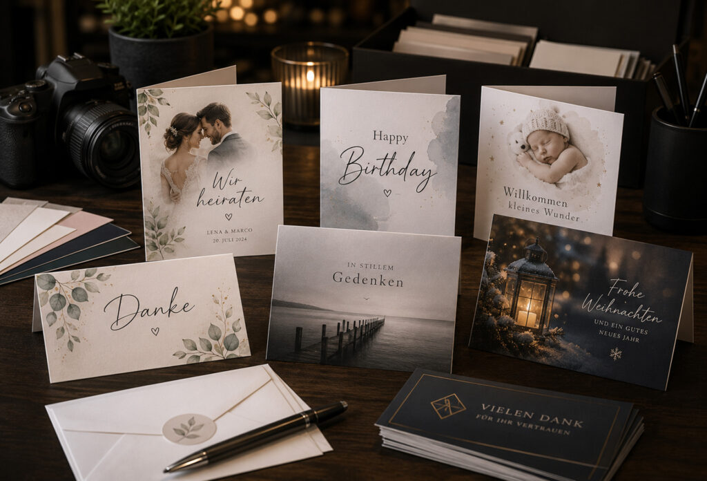 Individuelle Karten und Einladungen für Hochzeit, Geburtstag, Geburt, Taufe und Trauer bei FotoPlus Alsbach.