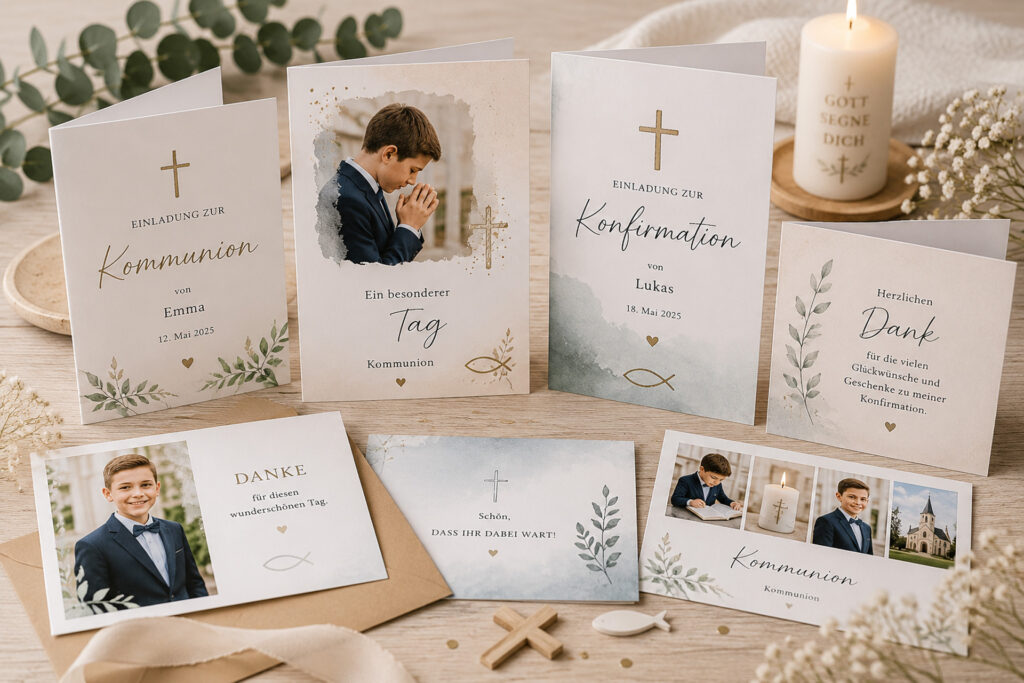 Individuelle Kommunionskarten, Konfirmationskarten, Einladungskarten und Danksagungen mit eigenen Fotos bei FotoPlus Alsbach.