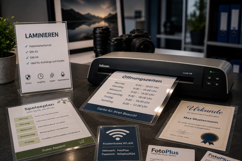 Dokumente, Urkunden und Karten professionell laminieren bei FotoPlus in Alsbach.