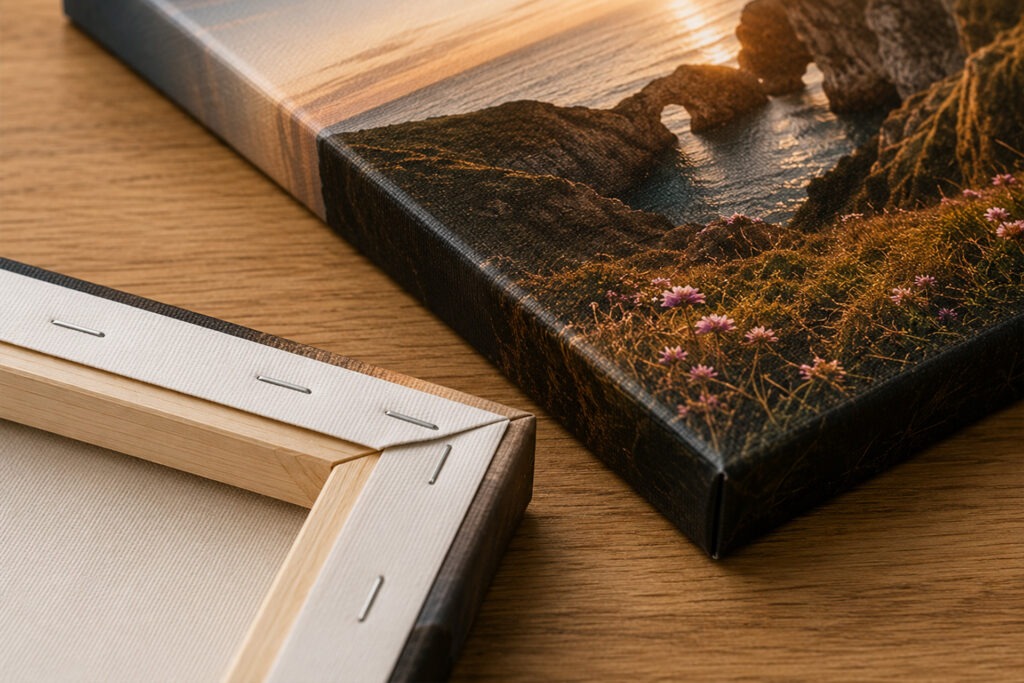 Detailaufnahme einer hochwertigen Fotoleinwand mit sichtbarer Leinwandstruktur und Keilrahmen bei FotoPlus Alsbach.
