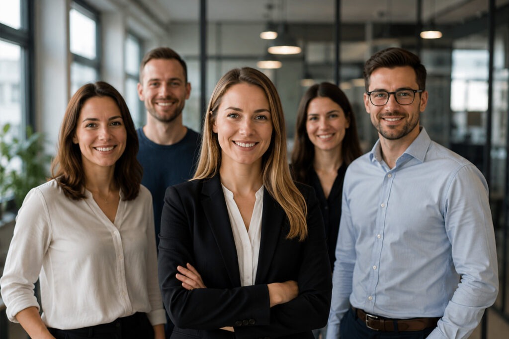 Professionelles Teamfoto und Mitarbeiterportraits für Unternehmen im modernen Büro.