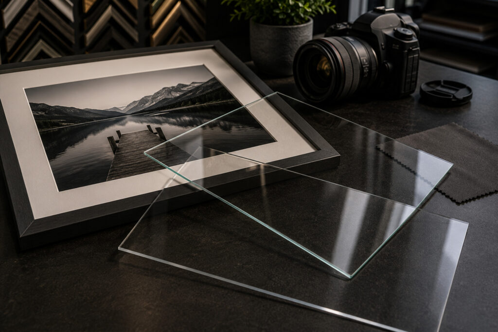 Entspiegeltes Museumsglas im FotoPlus Rahmenstudio in Alsbach für brillante Bildwirkung und weniger Reflexionen.