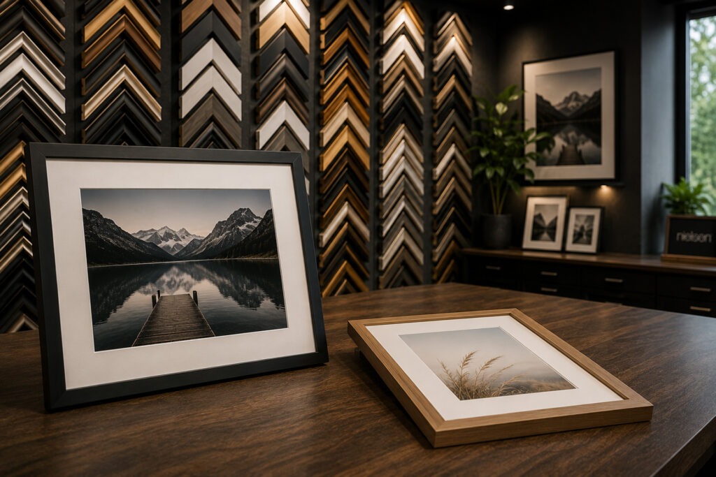 Individuelle Bilderrahmen nach Maß im FotoPlus Rahmenstudio in Alsbach mit Holzrahmen, Aluminiumrahmen und Passepartouts.