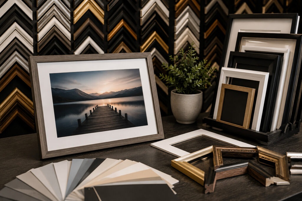 Premium Rahmenstudio bei FotoPlus Alsbach mit Bilderrahmen nach Maß, Passepartouts und Museumsglas.