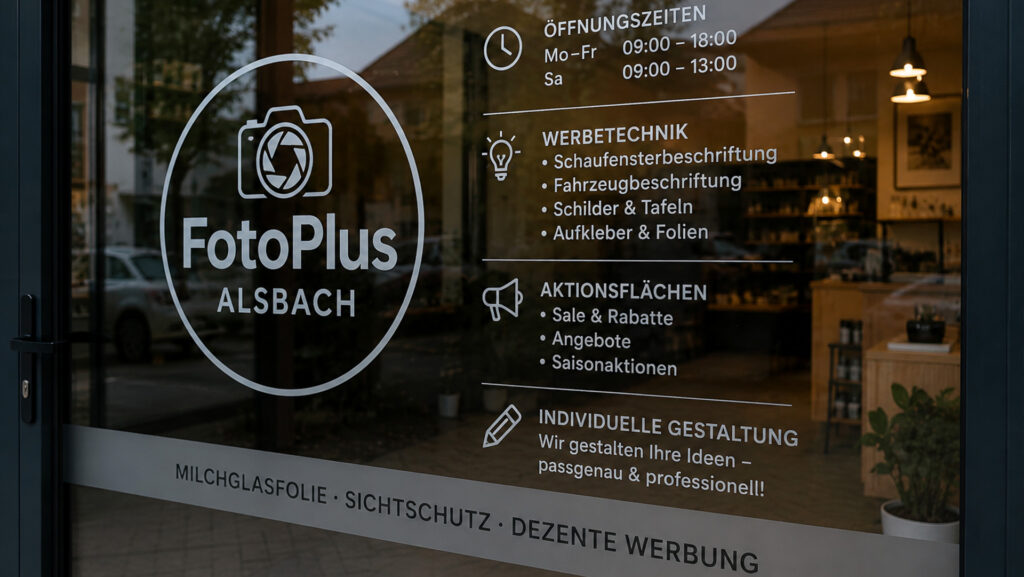 Schaufensterbeschriftung und Milchglasfolie für Unternehmen in Alsbach – individuelle Glasbeschriftung von FotoPlus & Baez Design