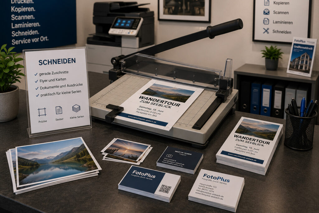 Flyer, Visitenkarten und Dokumente professionell zuschneiden bei FotoPlus in Alsbach.