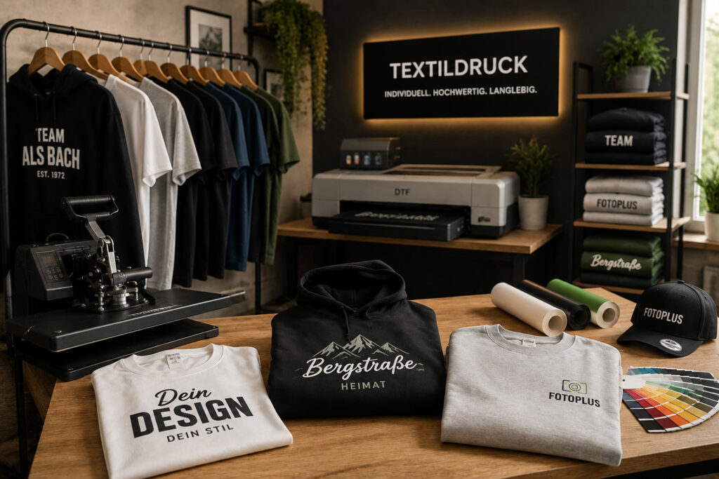 Professioneller Textildruck bei FotoPlus Alsbach mit bedruckten T-Shirts, Hoodies und Arbeitskleidung.