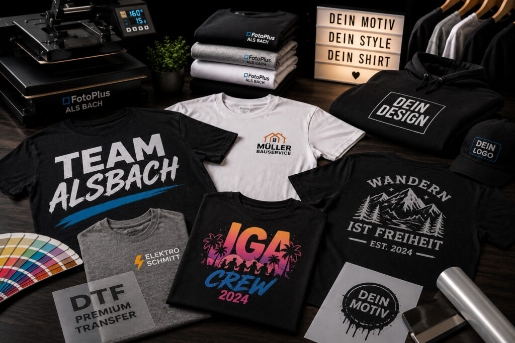 Individuell bedruckte T-Shirts mit Firmenlogo, Vereinsmotiv, JGA-Design und DTF-Textildruck bei FotoPlus Alsbach.