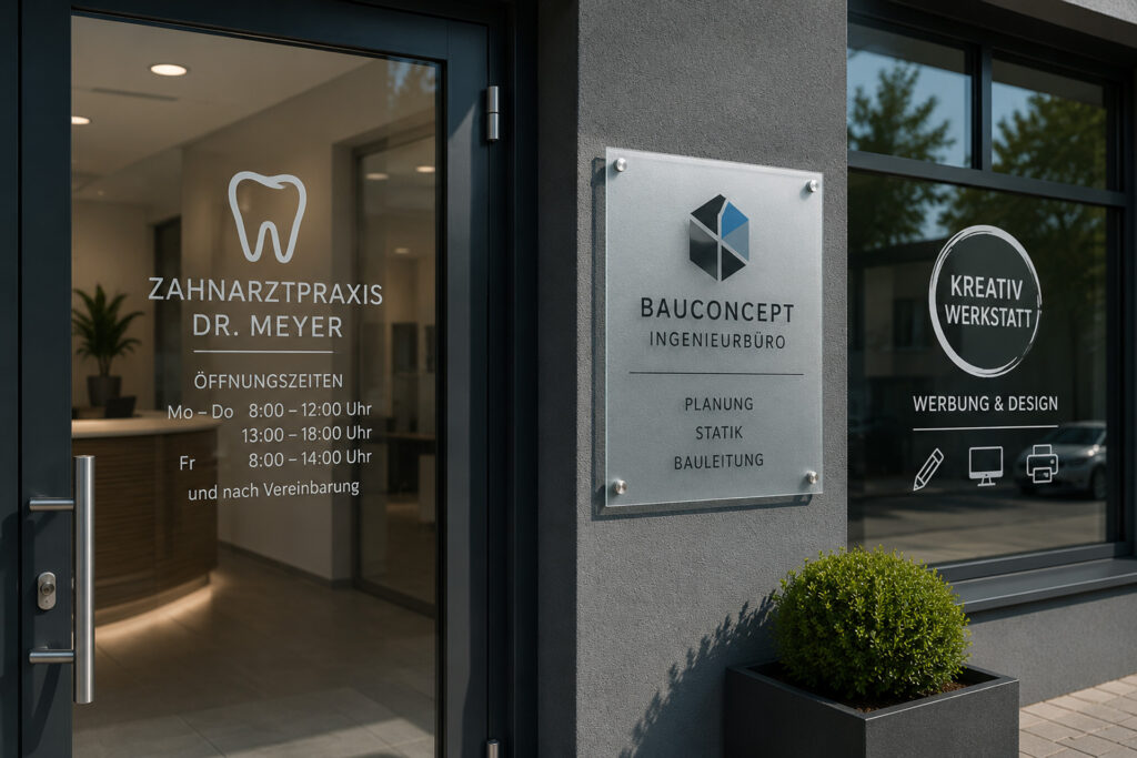 Türbeschriftungen, Praxisschilder und Firmenschilder für Büros und Unternehmen in Alsbach – individuell gestaltet von FotoPlus & Baez Design
