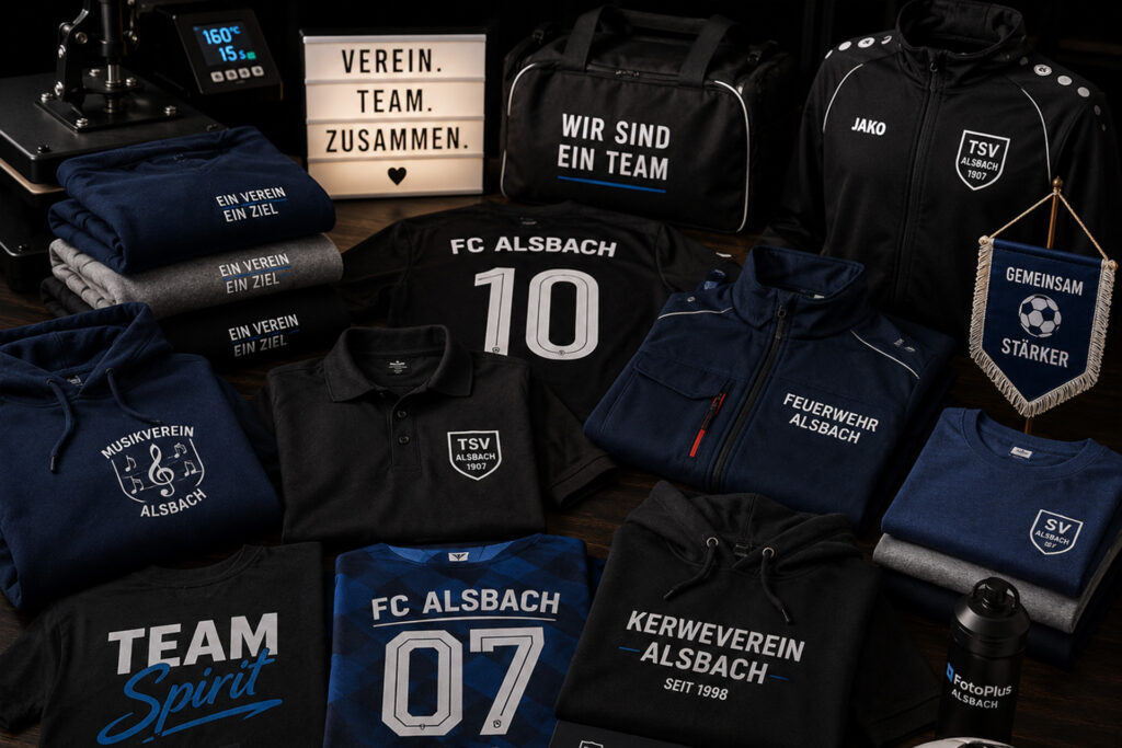 Bedruckte Vereinskleidung mit Vereinslogo, Namen und Nummern für Sportvereine, Musikvereine, Feuerwehren und Gruppen bei FotoPlus Alsbach.