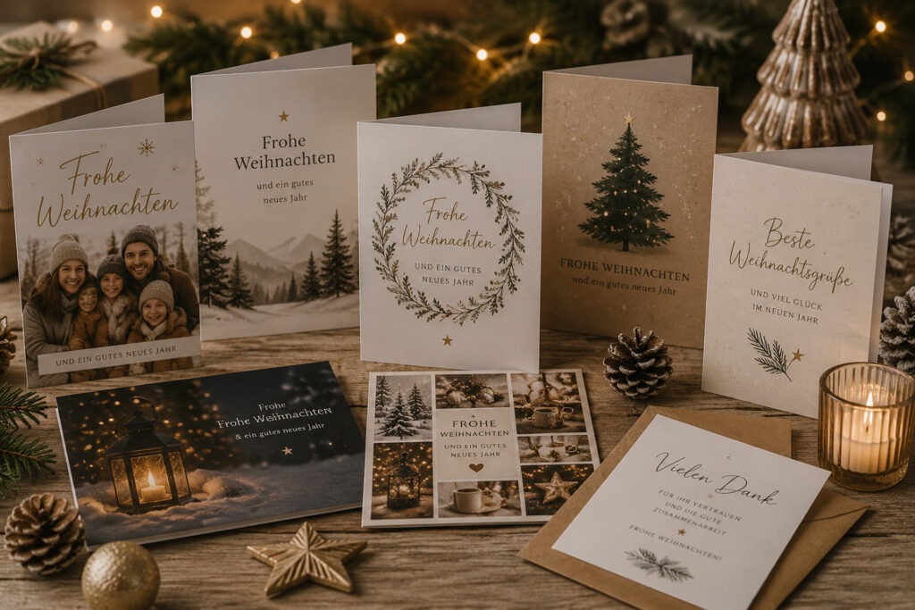 Individuelle Weihnachtskarten für Familien und Unternehmen mit persönlichen Fotos und Weihnachtsgrüßen bei FotoPlus Alsbach.