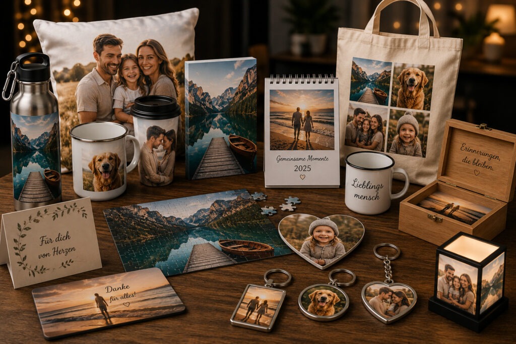 Personalisierte Fotogeschenke mit eigenen Bildern wie Fotopuzzle, Fotokissen, Schlüsselanhänger, Trinkflaschen und Geschenkartikel bei FotoPlus Alsbach.