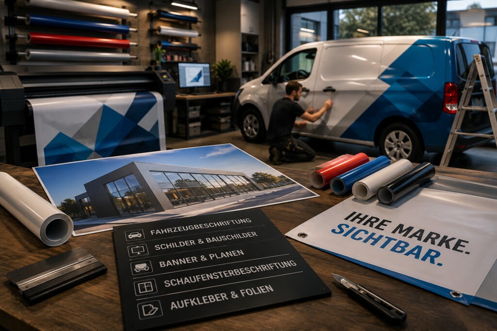 Professionelle Werbetechnik mit Fahrzeugbeschriftung, Schildern, Bannern und Folien für Unternehmen.